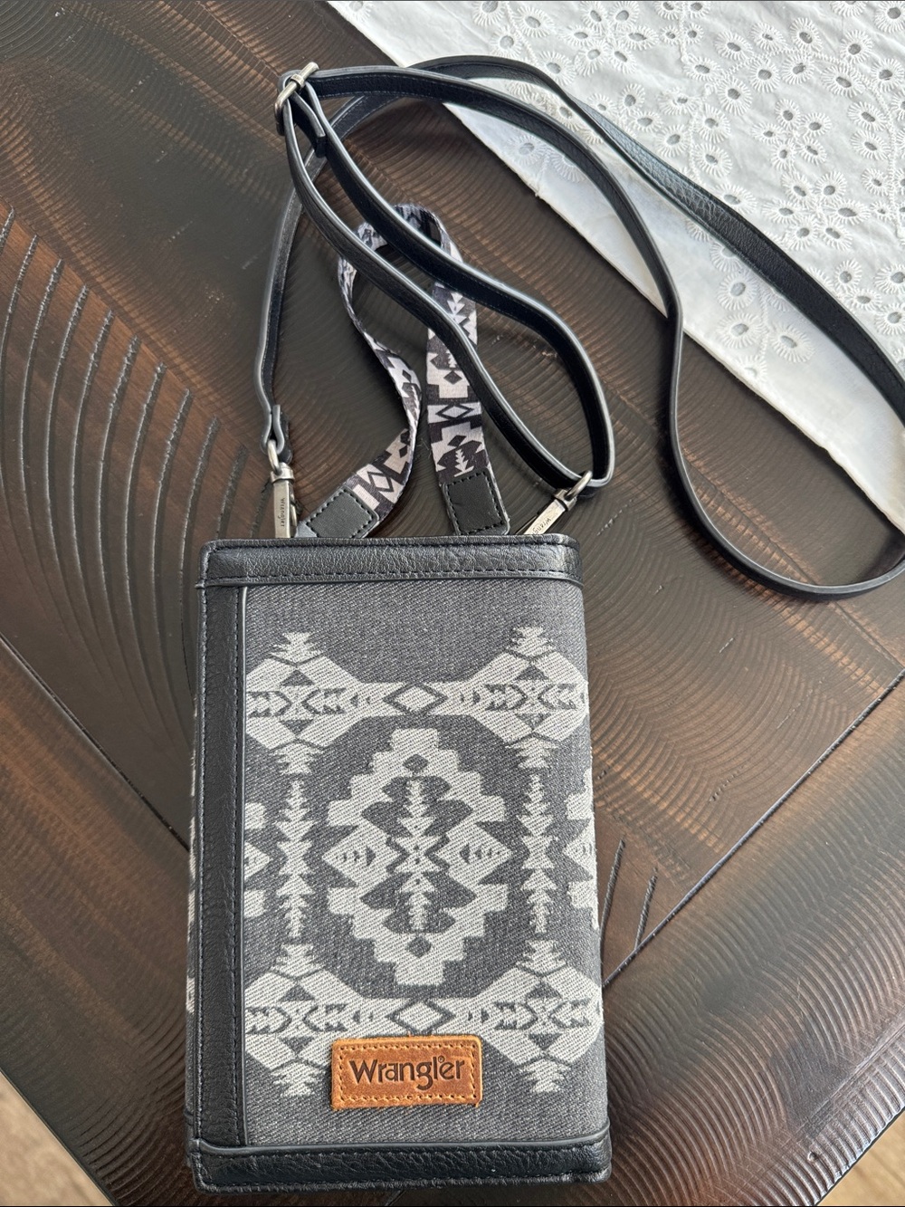 Wrangler Black and Gray Patterned Crossbody Purse with Phone Pouch